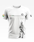 White men's t-shirt with Sikh Regiment print, Indian flag sleeve patch, soldier illustration