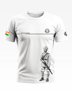 White men's t-shirt with Sikh Regiment print, Indian flag sleeve patch, soldier illustration