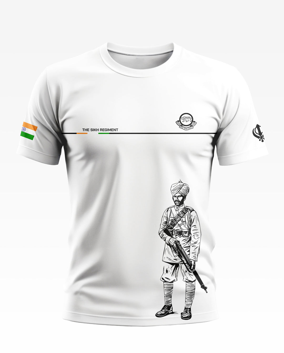 White men's t-shirt with Sikh Regiment print, Indian flag sleeve patch, soldier illustration