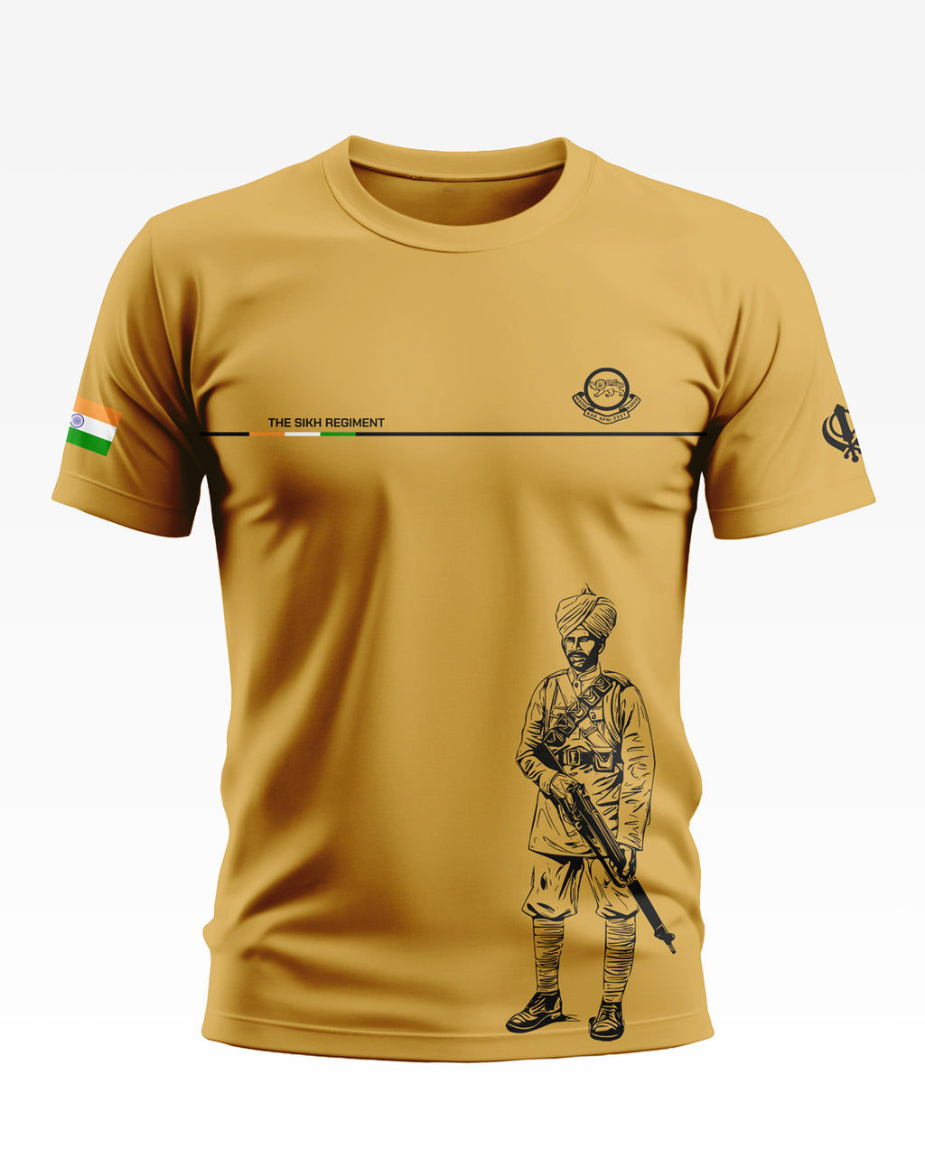 Yellow men's t-shirt with Sikh Regiment soldier graphic, Indian flag patch, and regimental logos