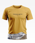 Yellow men's t-shirt with 'Tiger Hill Battle Ladakh India' text and snowy mountain graphic at hem