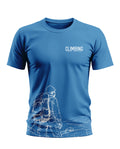 Blue men's t-shirt with 'Climbing Top of the World' text and hiker mountain graphic.