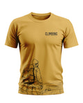 Yellow men's t-shirt with mountain climber graphic and 'Climbing Top of the World' text