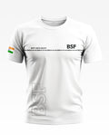 White men's t-shirt with 'BSF', Indian flag on sleeve, barbed wire graphic, and 'Duty Unto Death' text
