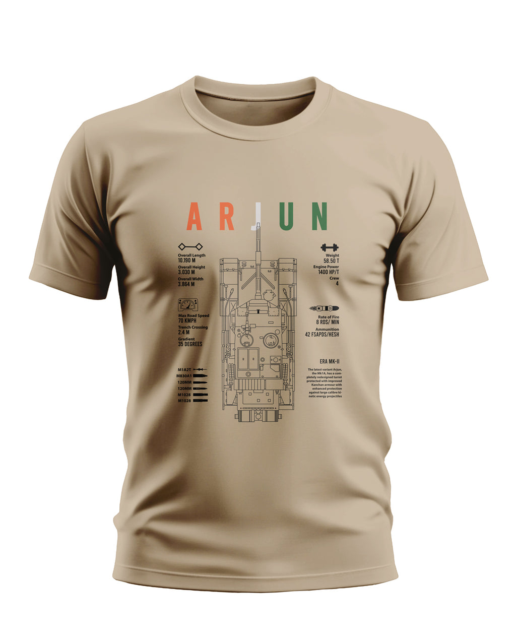 Beige men's t-shirt with ARJUN tank schematic and military-inspired graphic print.