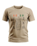 Beige men's t-shirt with ARJUN tank schematic and military-inspired graphic print.