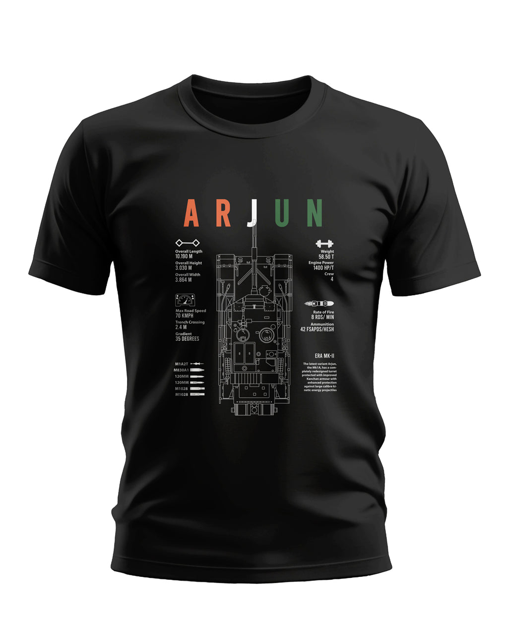 Black men's graphic T-shirt featuring ARJUN tank schematic and tank specifications print