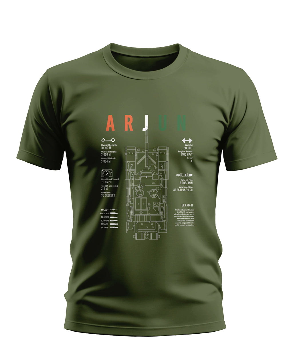 Olive green men's t-shirt with Arjun tank blueprint and technical specifications printed on front