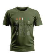 Olive green men's t-shirt with Arjun tank blueprint and technical specifications printed on front
