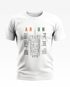 White men's t-shirt with ARJUN tank schematic and tank specifications graphic on front