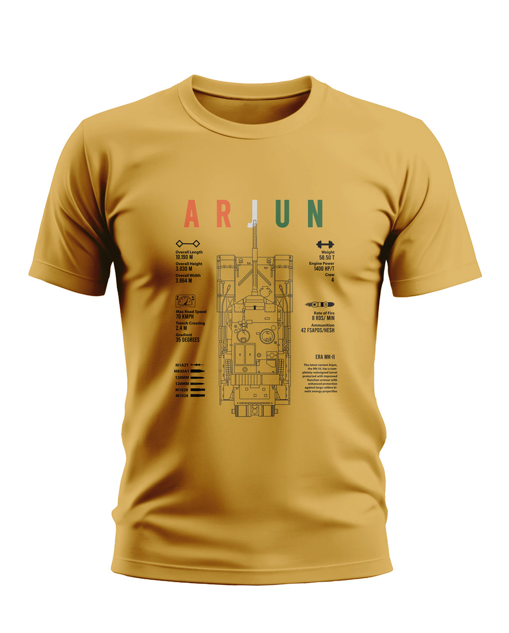 Yellow men’s t-shirt featuring ARJUN tank graphic with specs and technical military design.