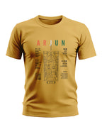 Yellow men’s t-shirt featuring ARJUN tank graphic with specs and technical military design.