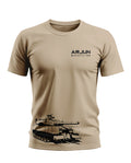 Beige men's t-shirt with 'ARJUN MAIN BATTLE TANK' text and black tank graphic on front