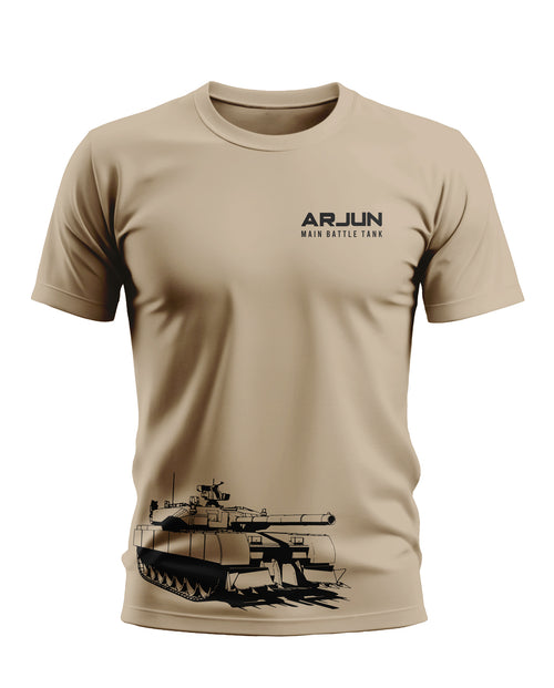 Beige men's t-shirt with 'ARJUN MAIN BATTLE TANK' text and black tank graphic on front