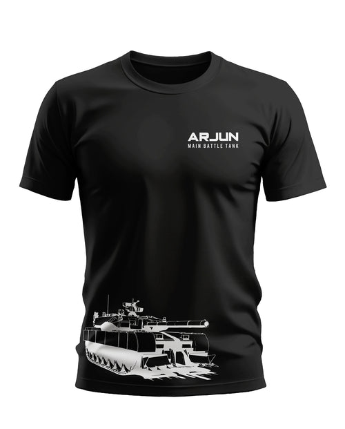 Black men's t-shirt with white Arjun battle tank graphic and 'ARJUN MAIN BATTLE TANK' text