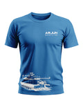 Blue men's t-shirt with white Arjun main battle tank graphic and text on front