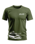 Olive green men's T-shirt with white ARJUN Main Battle Tank graphic and tank illustration