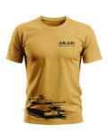 Yellow men's T-shirt with Arjun Main Battle Tank graphic and text, military-inspired design