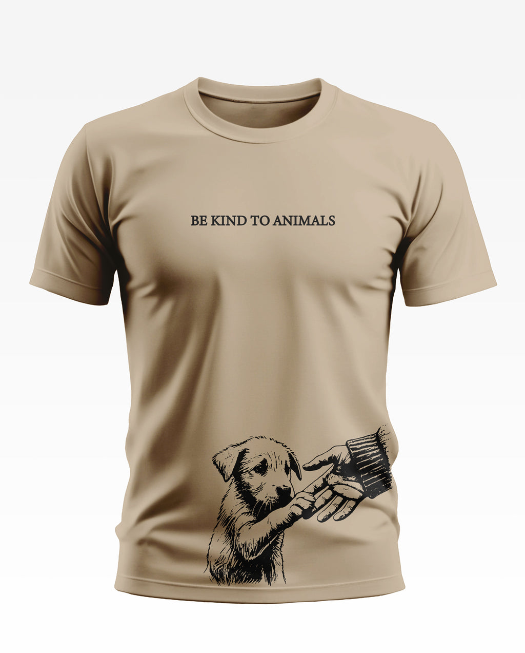 Beige men's t-shirt with 'Be Kind to Animals' text and puppy hand graphic