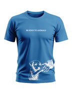Blue men's t-shirt with 'Be Kind to Animals' text and puppy handshake graphic