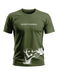 Olive green men's t-shirt with 'Be Kind To Animals' text and dog and hand graphic print