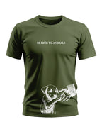 Olive green men's t-shirt with 'Be Kind To Animals' text and dog and hand graphic print