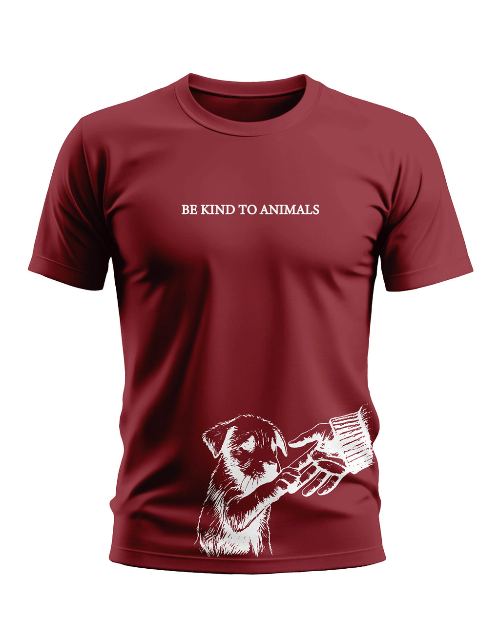 Maroon men's t-shirt with 'Be Kind to Animals' text and puppy and hand graphic print