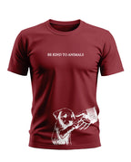 Maroon men's t-shirt with 'Be Kind to Animals' text and puppy and hand graphic print