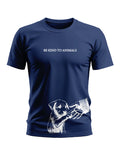Navy blue men's t-shirt with 'Be Kind To Animals' text and puppy graphic, animal care fashion