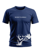 Navy blue men's t-shirt with 'Be Kind To Animals' text and puppy graphic, animal care fashion