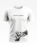 White men's t-shirt with 'BE KIND TO ANIMALS' text and puppy shaking hand graphic