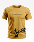 Yellow men's t-shirt with 'Be Kind to Animals' text and dog holding a hand graphic.