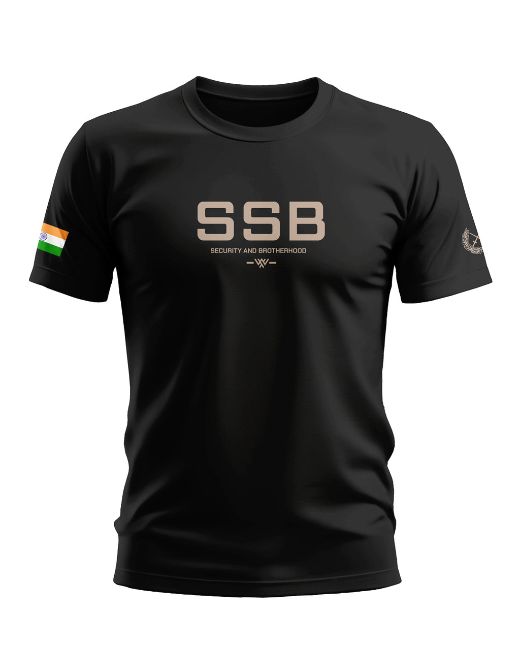 Black SSB t-shirt with 'Security and Brotherhood' text and Indian flag sleeve patch