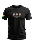 Black SSB t-shirt with 'Security and Brotherhood' text and Indian flag sleeve patch