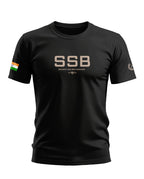 Black SSB t-shirt with 'Security and Brotherhood' text and Indian flag sleeve patch