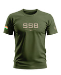Olive green SSB t-shirt with Security and Brotherhood text and Indian flag on sleeve