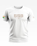 White men's t-shirt with SSB Security and Brotherhood text, Indian flag on sleeve