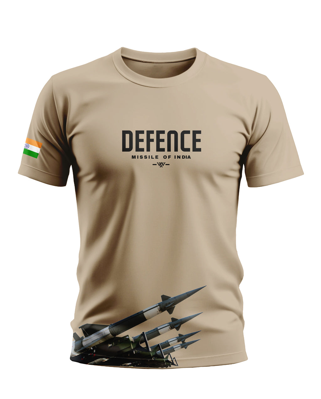 Beige men's t-shirt with DEFENCE Missile of India print, Indian flag on sleeve, and missile graphic
