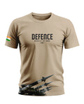 Beige men's t-shirt with DEFENCE Missile of India print, Indian flag on sleeve, and missile graphic
