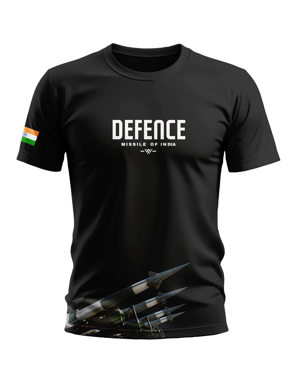 Black men's t-shirt with 'DEFENCE Missile of India' text, Indian flag on sleeve, and missile graphic at hem.