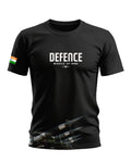 Black men's t-shirt with 'DEFENCE Missile of India' text, Indian flag on sleeve, and missile graphic at hem.