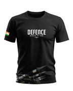 Black men's t-shirt with 'DEFENCE Missile of India' text, Indian flag on sleeve, and missile graphic at hem.