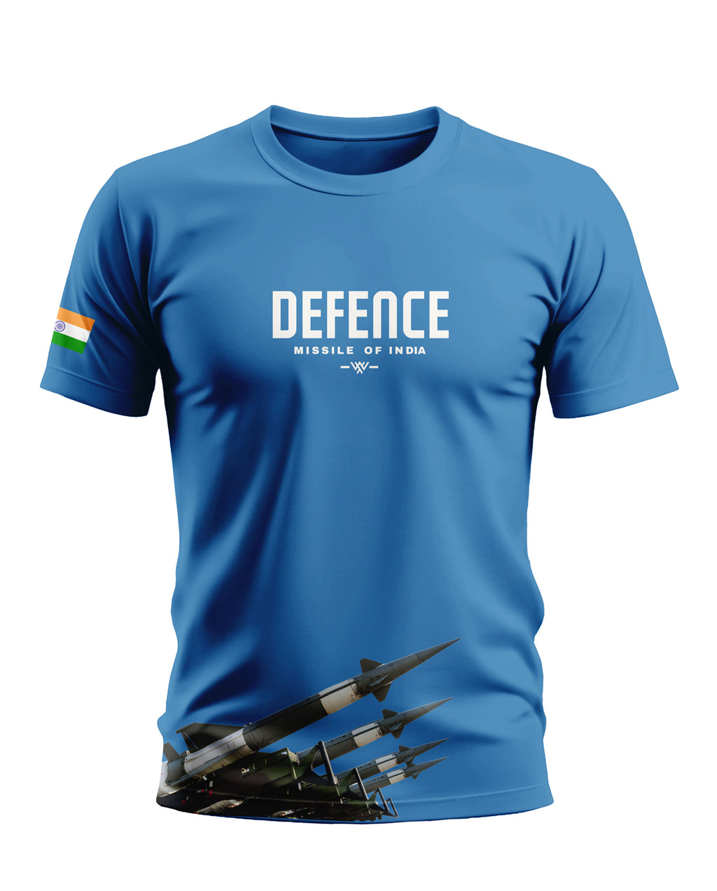 Blue men's t-shirt with 'Defence Missile of India' text, missile graphic, and Indian flag sleeve patch