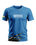 Blue men's t-shirt with 'Defence Missile of India' text, missile graphic, and Indian flag sleeve patch