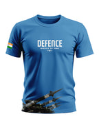 Blue men's t-shirt with 'Defence Missile of India' text, missile graphic, and Indian flag sleeve patch