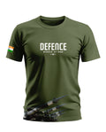 Olive green men's t-shirt with DEFENCE Missile of India print, Indian flag on sleeve, and missile graphic.