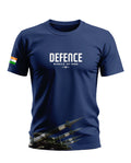 Navy blue men's t-shirt with 'Defence Missile of India' text, missile graphic, and Indian flag sleeve patch.
