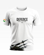 White men's t-shirt with 'Defence Missile of India' text, missile graphic, and India flag sleeve print