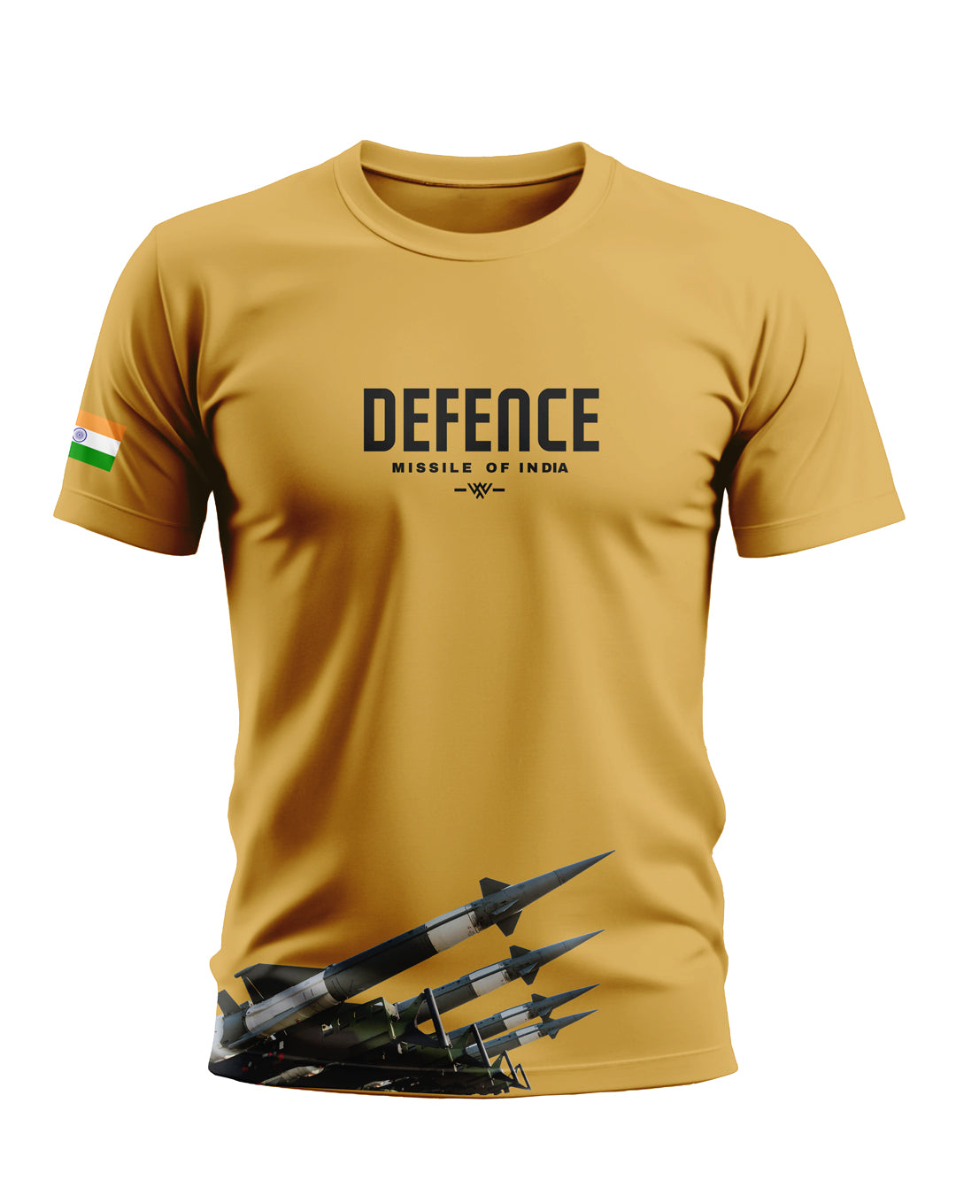 Yellow men's t-shirt with 'Defence Missile of India' text, missile graphic, and Indian flag sleeve print