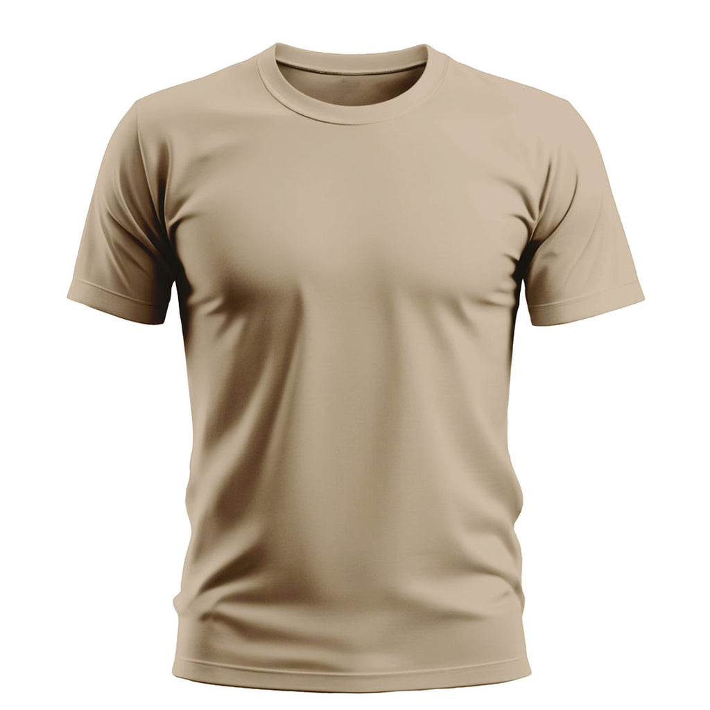 Beige men's plain short sleeve t-shirt, crew neck, casual fit on white background